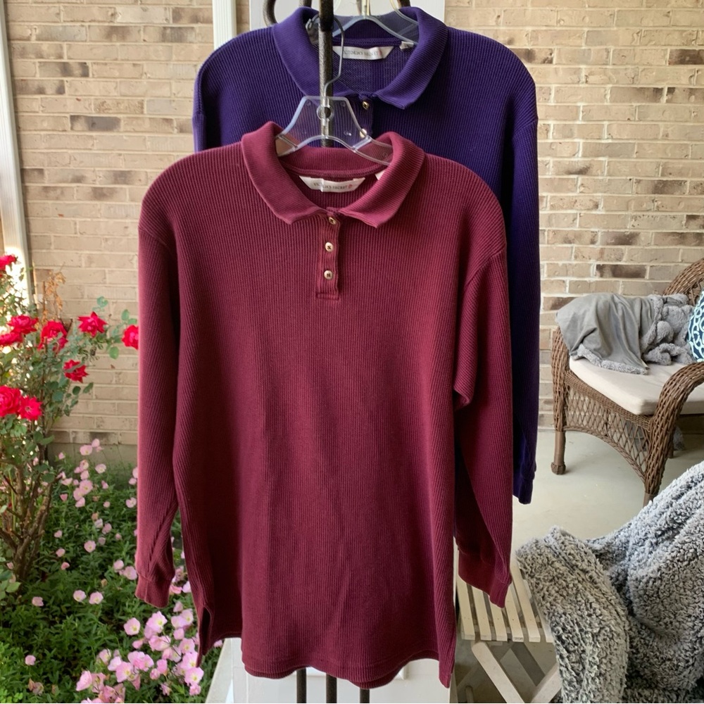 (2) VICTORIA SECRET long sleeve waffle polos in purple & fuchsia pink, XL